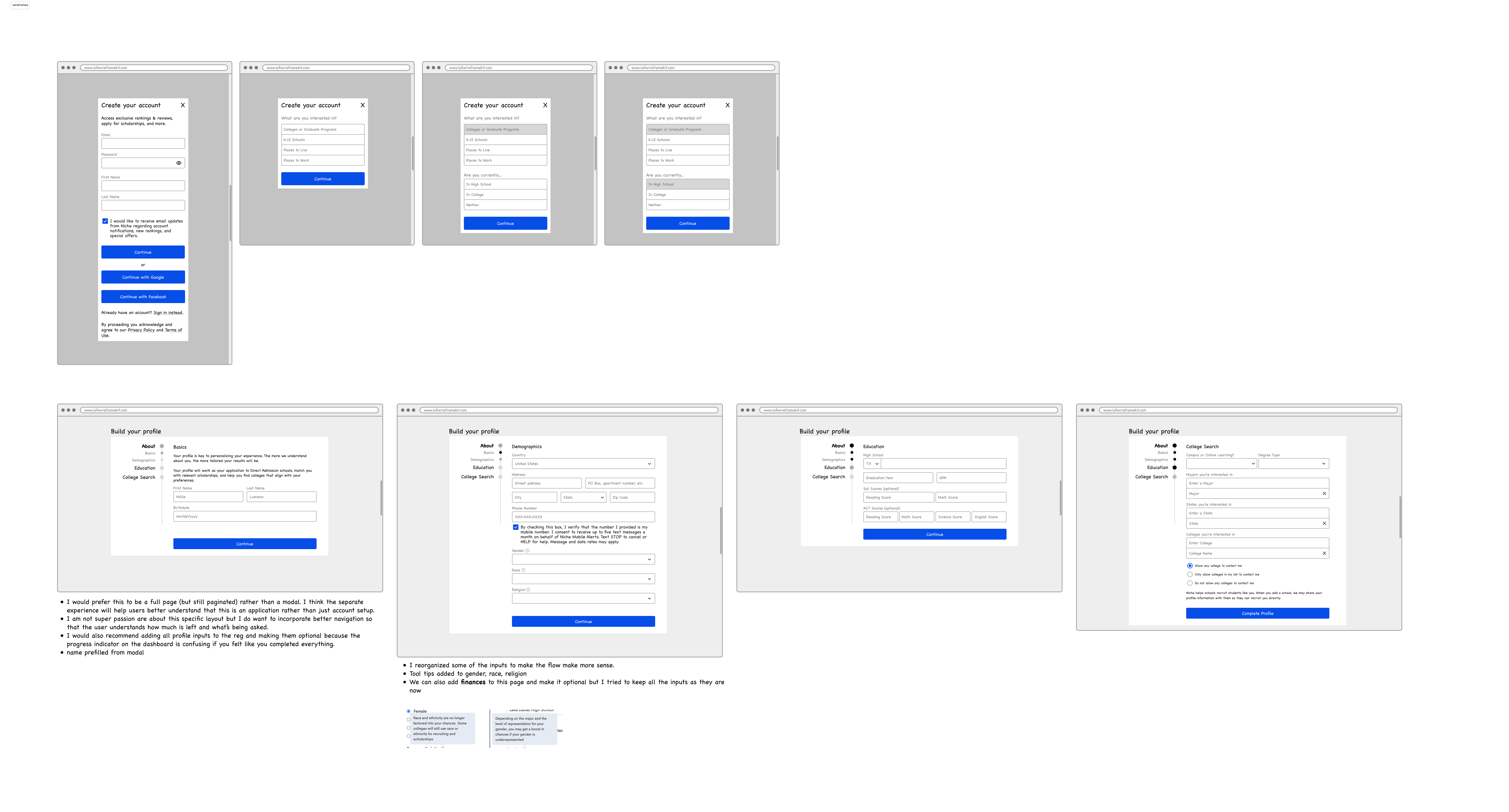 Wireframes with design feedback